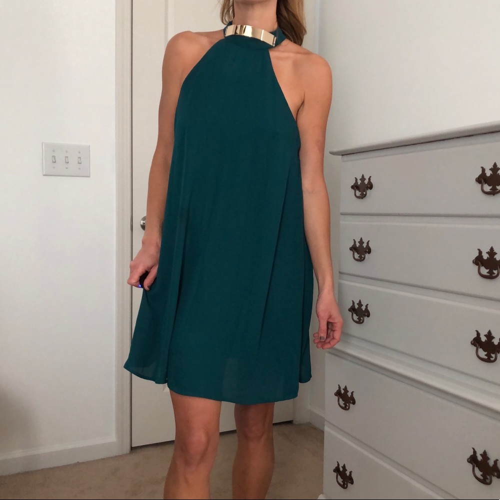 Women’s Teal Halter Dress with Gold Neckline